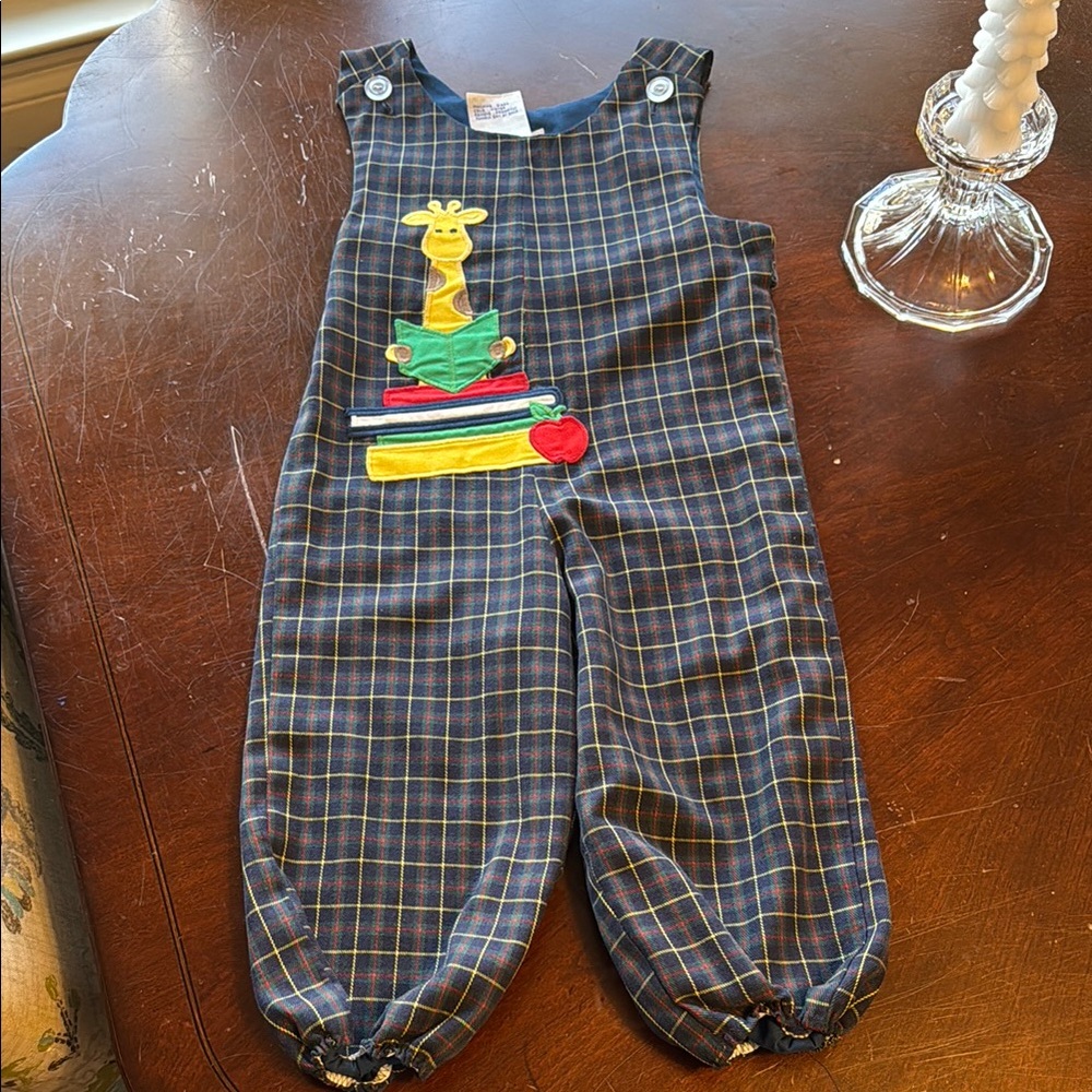 Plaid Kids Overalls with Giraffe Appliqué